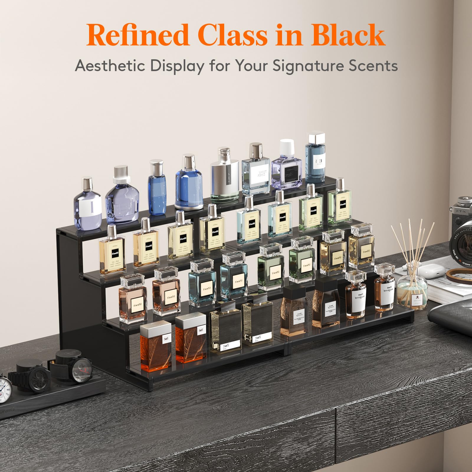 Lifewit Plastic 12 Inch Dark Cologne Stand, Step Perfume Organizer, Tool-free Assembly, Display Stand Shelf for Fragrance, Skinc